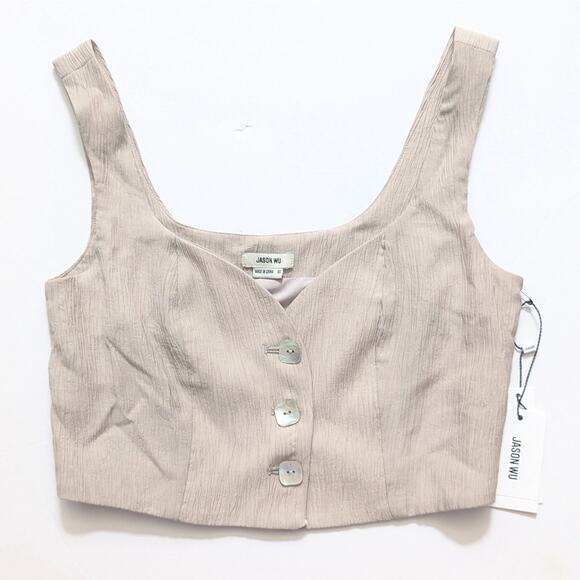 Jason Wu Cropped Button Up Top XS Beige Taupe Crepe Mother of Pearl Buttons NWT - Picture 3 of 8